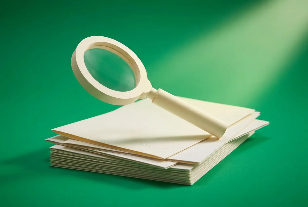 A paper magnifying glass resting on a neat stack of paper letters and certificates. Paper-craft editorial illustration on an emerald background.
