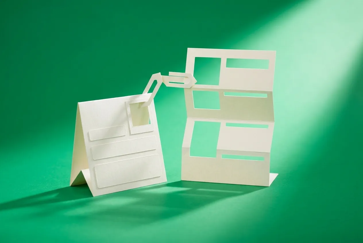 A short paper form and a fuller paper resume page standing side by side, joined by a clip. Paper-craft editorial illustration on an emerald background.