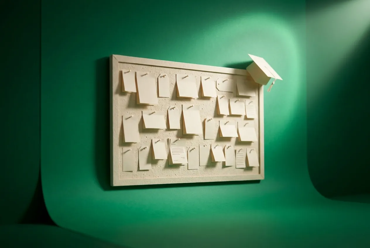 A paper noticeboard covered in pinned resumes, with a small graduation cap on top. Paper-craft editorial illustration on an emerald background.
