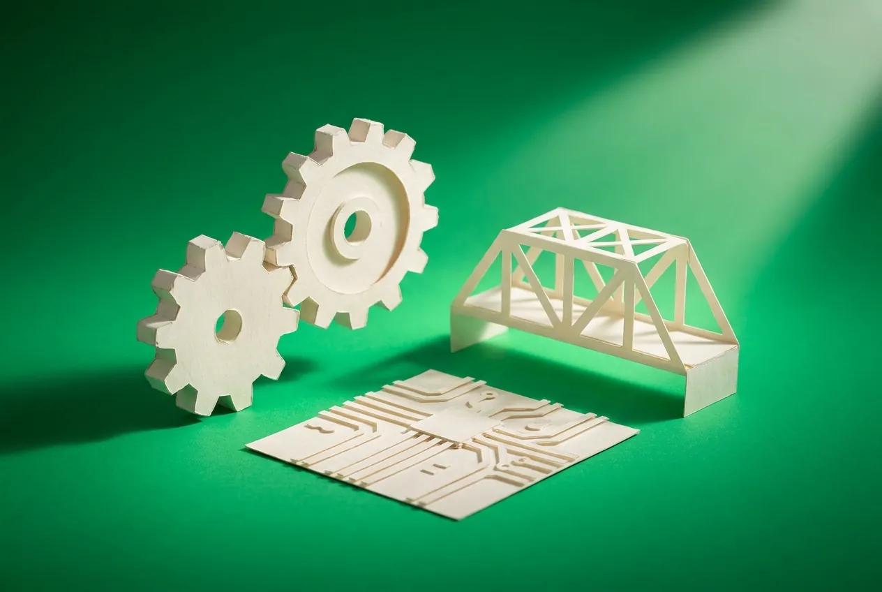 Paper gears, a paper truss bridge and a paper circuit board. Paper-craft editorial illustration on an emerald background.