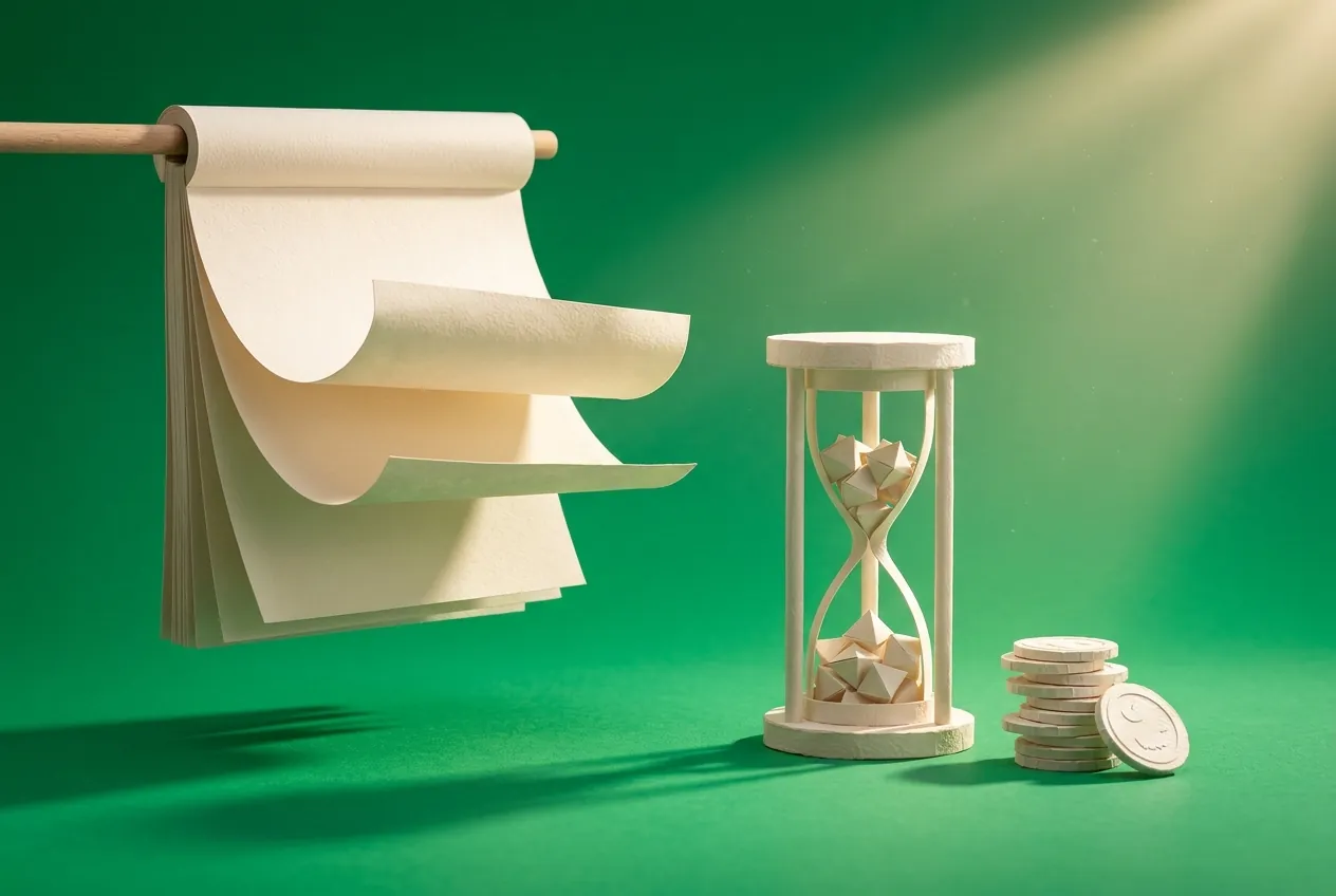 A paper calendar with turning pages, a paper hourglass and a small stack of paper coins. Paper-craft editorial illustration on an emerald background.