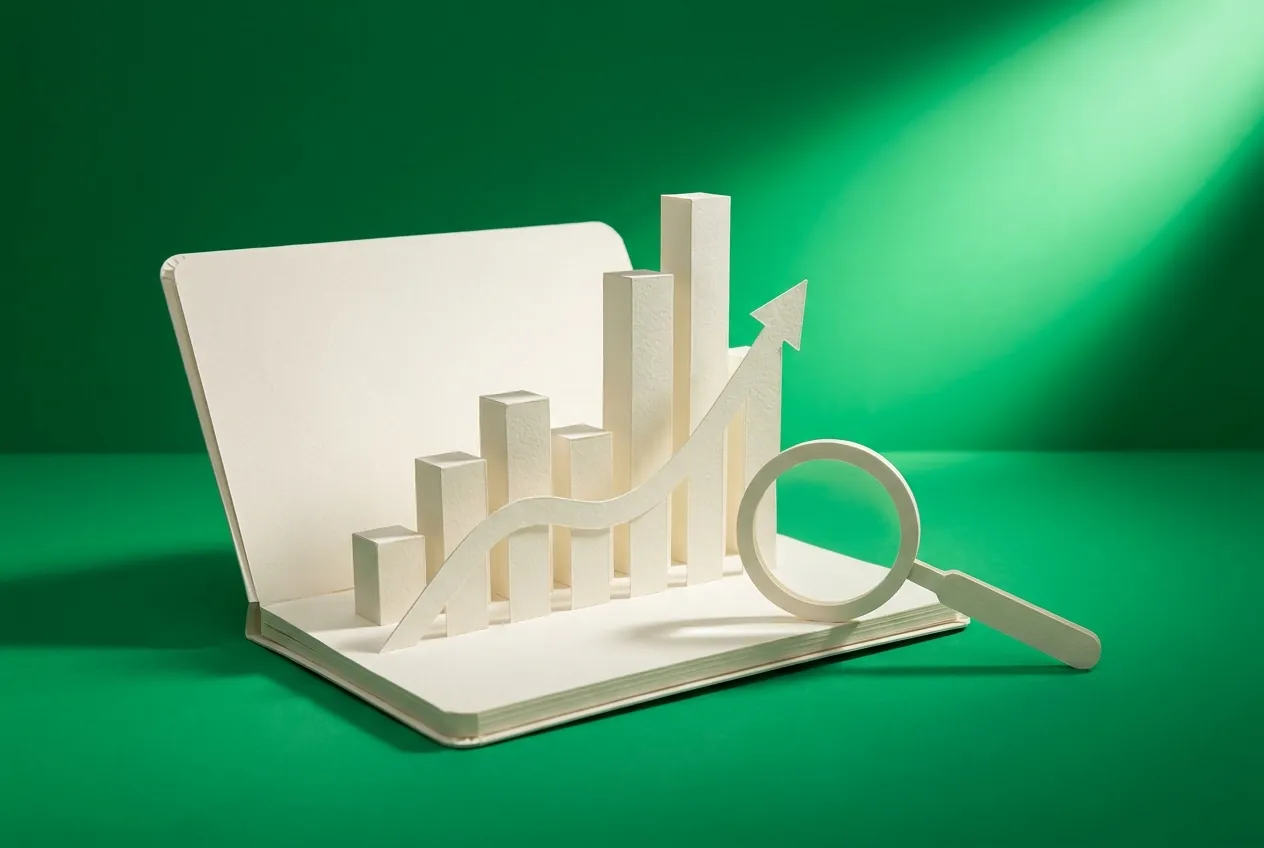 Paper bar charts and a line graph rising from an open notebook, with a paper magnifier. Paper-craft editorial illustration on an emerald background.