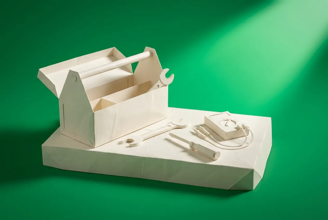 A paper toolbox with a spanner, a screwdriver and a small multimeter on a workbench. Paper-craft editorial illustration on an emerald background.