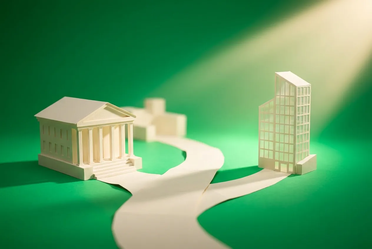 A paper path splitting towards a columned building and a modern glass tower. Paper-craft editorial illustration on an emerald background.