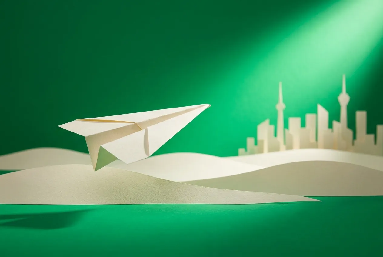 A paper airplane gliding over paper sand dunes towards a distant city skyline. Paper-craft editorial illustration on an emerald background.