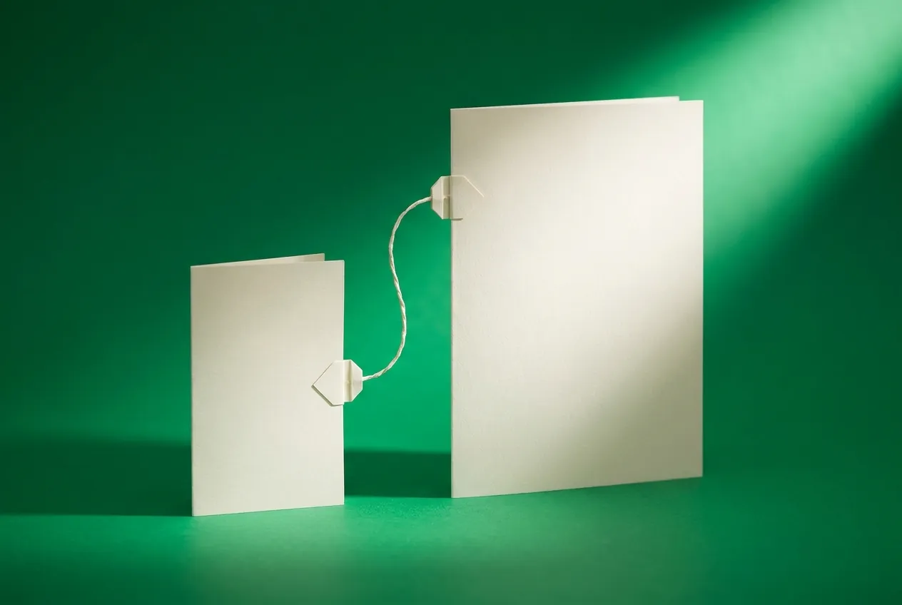 A small profile card and a full resume page side by side, joined by a thread. Paper-craft editorial illustration on an emerald background.