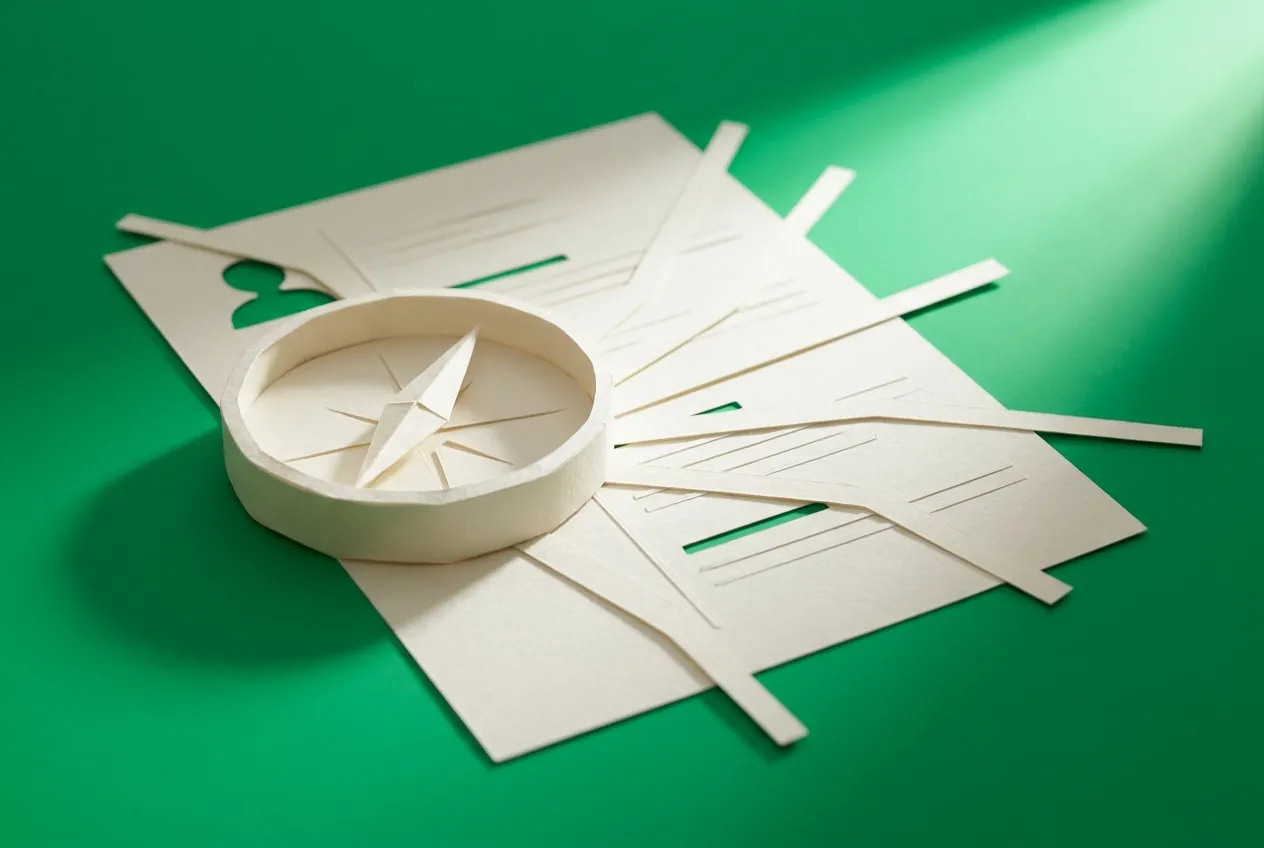 A paper compass on a resume page, with paper route lines fanning out. Paper-craft editorial illustration on an emerald background.