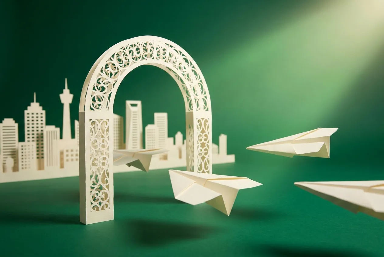 Paper airplanes flying through a paper arch towards a city skyline on an emerald background. AI editorial illustration.