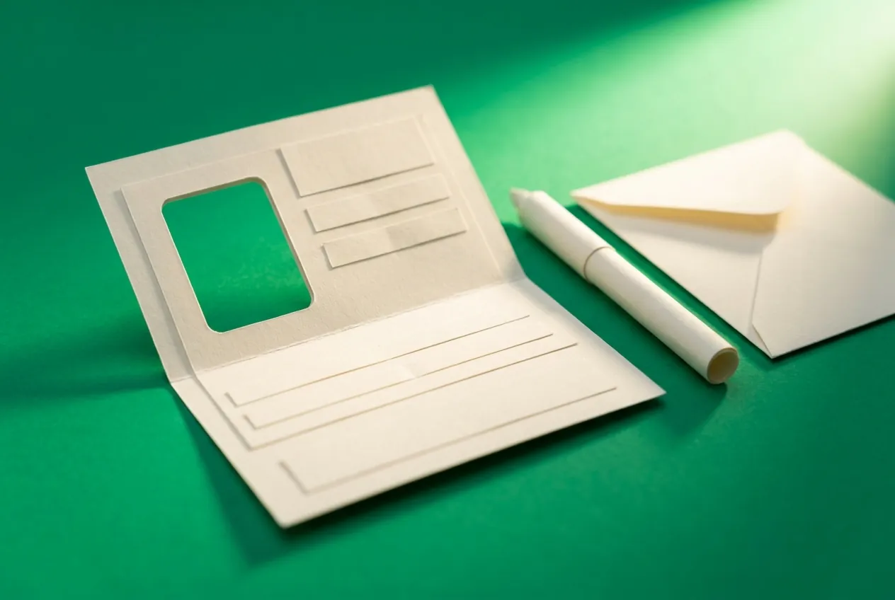 A paper identity card with an empty photo frame, beside a paper pen and envelope. Paper-craft editorial illustration on an emerald background.