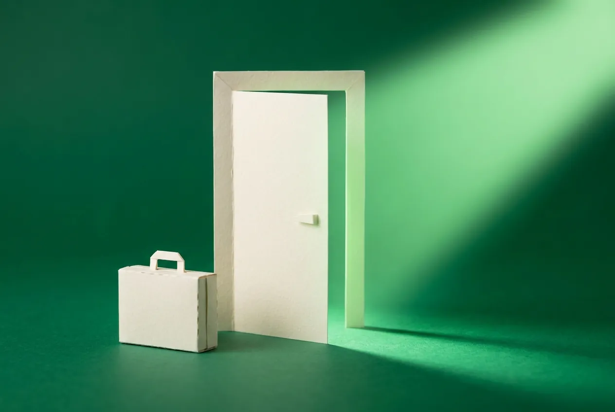 A paper door standing open with light spilling through, a paper briefcase beside it. Paper-craft editorial illustration on an emerald background.