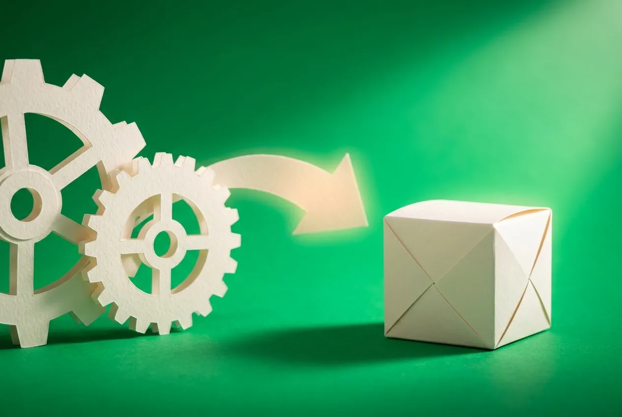 Paper gears on one side and a folded paper product box on the other, linked by an arrow. Paper-craft editorial illustration on an emerald background.