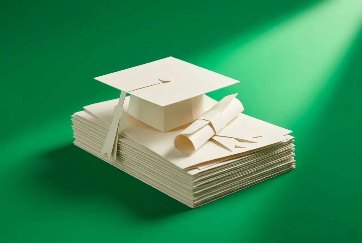 A stack of paper marksheets with a paper graduation cap and a rolled certificate. Paper-craft editorial illustration on an emerald background.