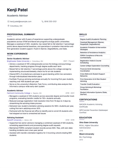 Academic Advisor resume example rendered in the Cascade template