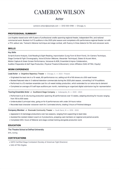 Actor resume example rendered in the Cornerstone template
