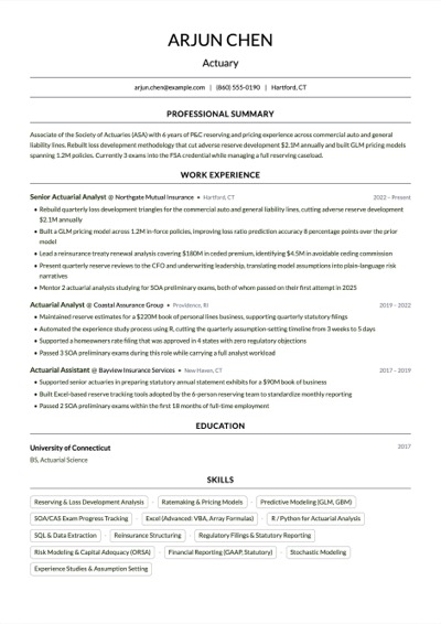 Actuary resume example rendered in the Crisp template