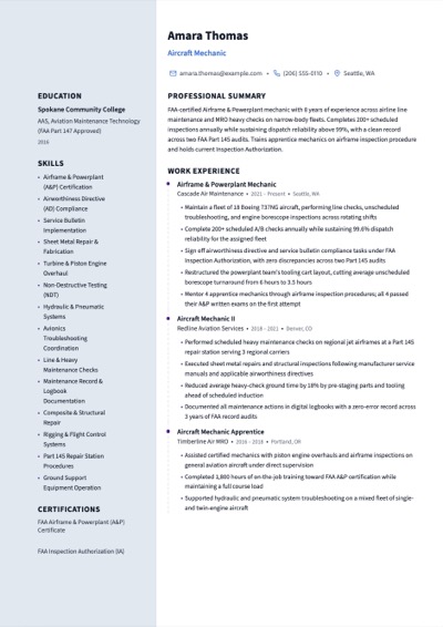 Aircraft Mechanic resume example preview