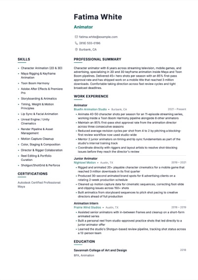 Animator resume example preview