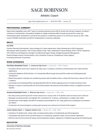 Athletic Coach resume example preview
