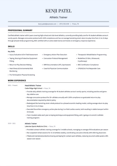 Athletic Trainer resume example preview
