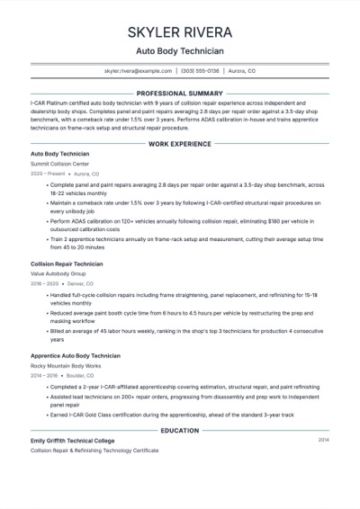 Auto Body Technician resume example preview