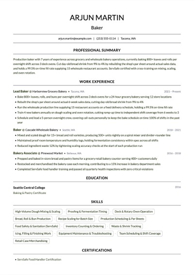 Baker resume example preview