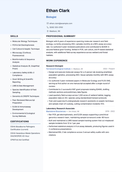 Biologist resume example rendered in the Aspect template