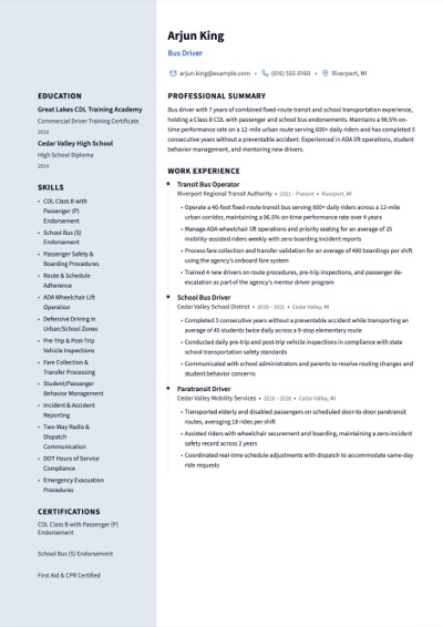 Bus Driver resume example preview