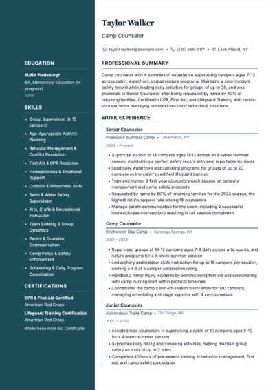 Camp Counselor resume example preview