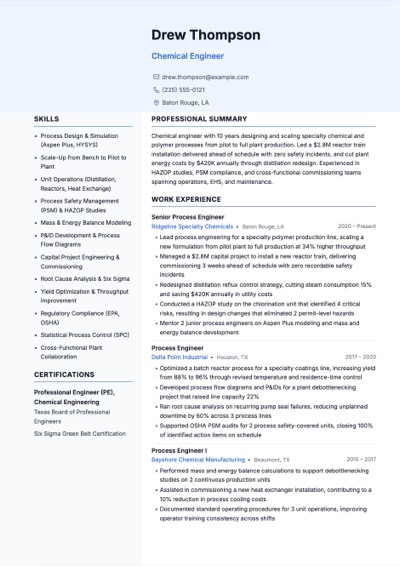 Chemical Engineer resume example preview
