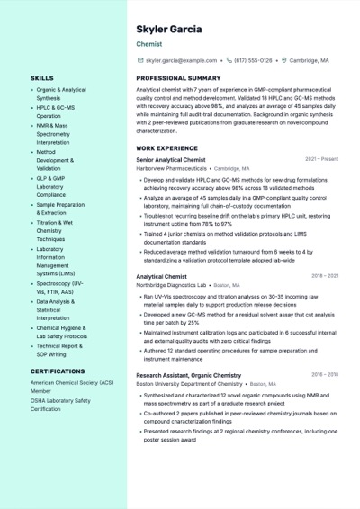 Chemist resume example rendered in the Ridge template