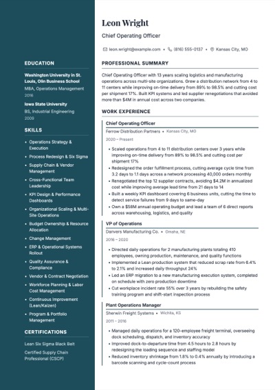 Chief Operating Officer resume example preview