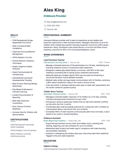 Childcare Provider resume example preview