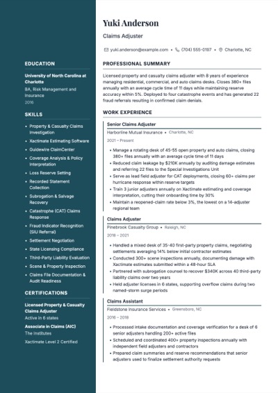 Claims Adjuster resume example preview