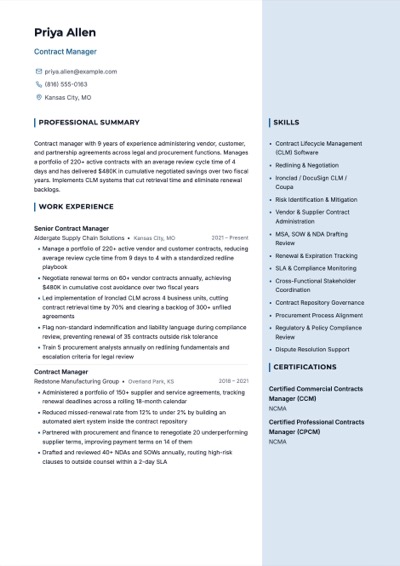 Contract Manager resume example preview