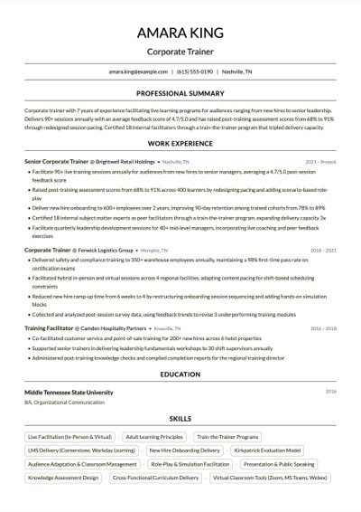 Corporate Trainer resume example preview