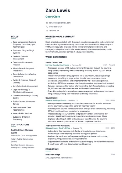 Court Clerk resume example preview