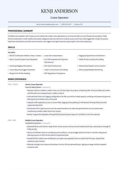 Crane Operator resume example preview