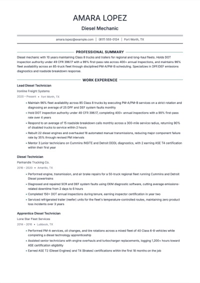 Diesel Mechanic resume example preview