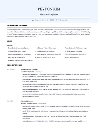 Electrical Engineer resume example preview