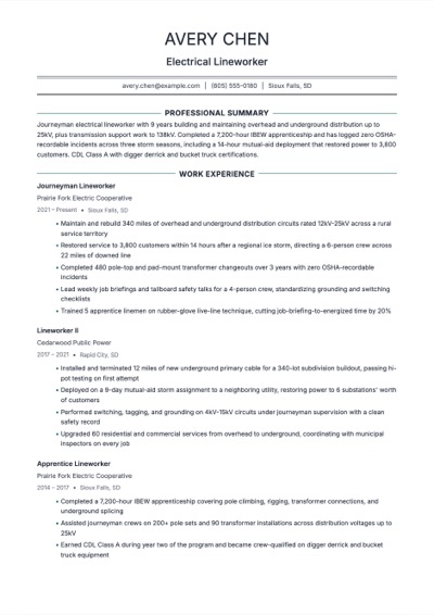 Electrical Lineworker resume example preview