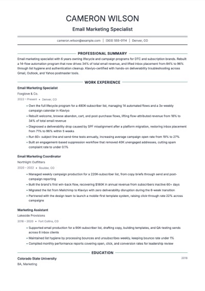 Email Marketing Specialist resume example preview