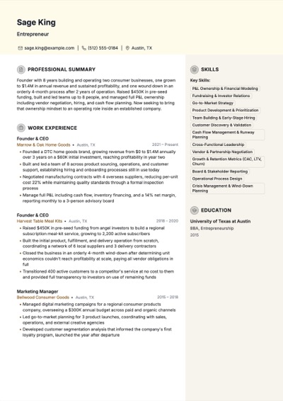 Entrepreneur resume example preview
