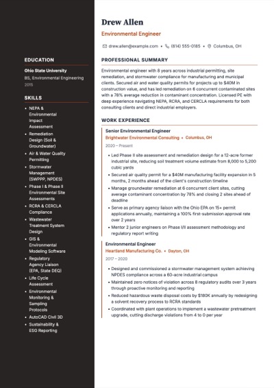 Environmental Engineer resume example preview