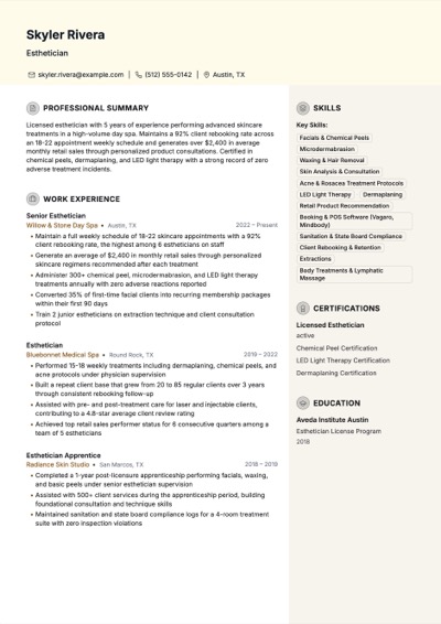 Esthetician resume example preview