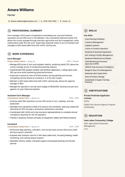 Farmer resume example preview