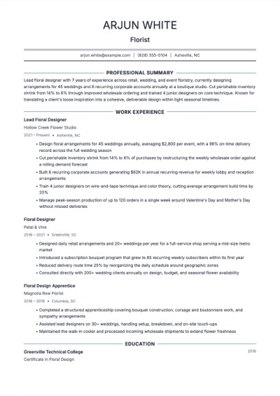 Florist resume example preview