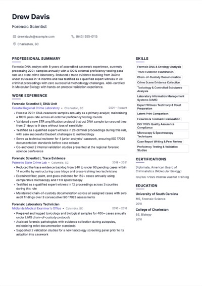 Forensic Scientist resume example preview