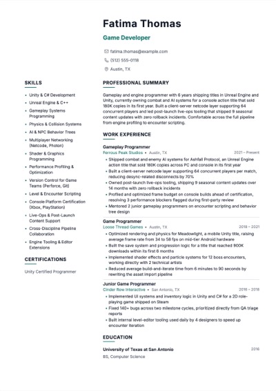 Game Developer resume example preview