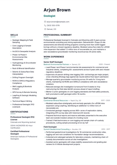 Geologist resume example preview