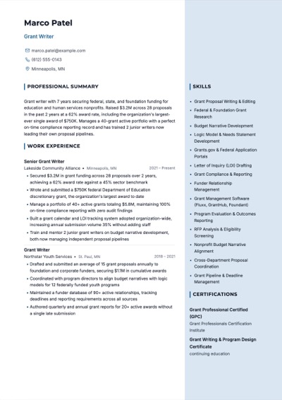 Grant Writer resume example preview